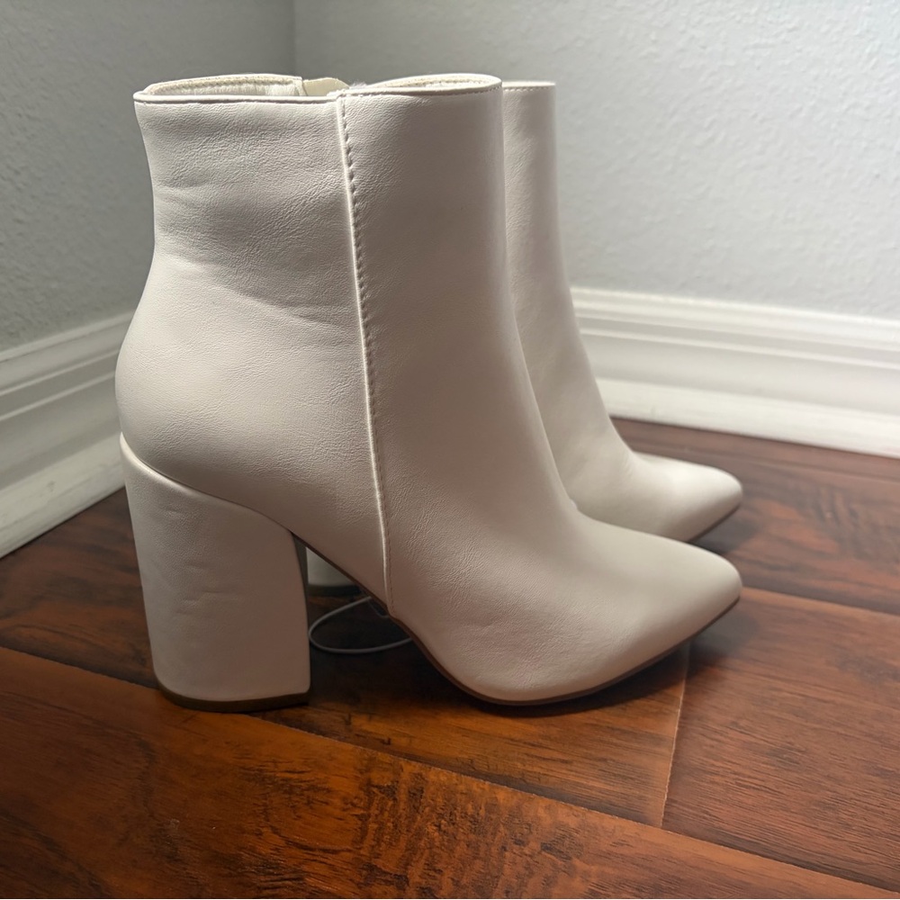 Sugar White Pointed Toe Block Heel Ankle Boots